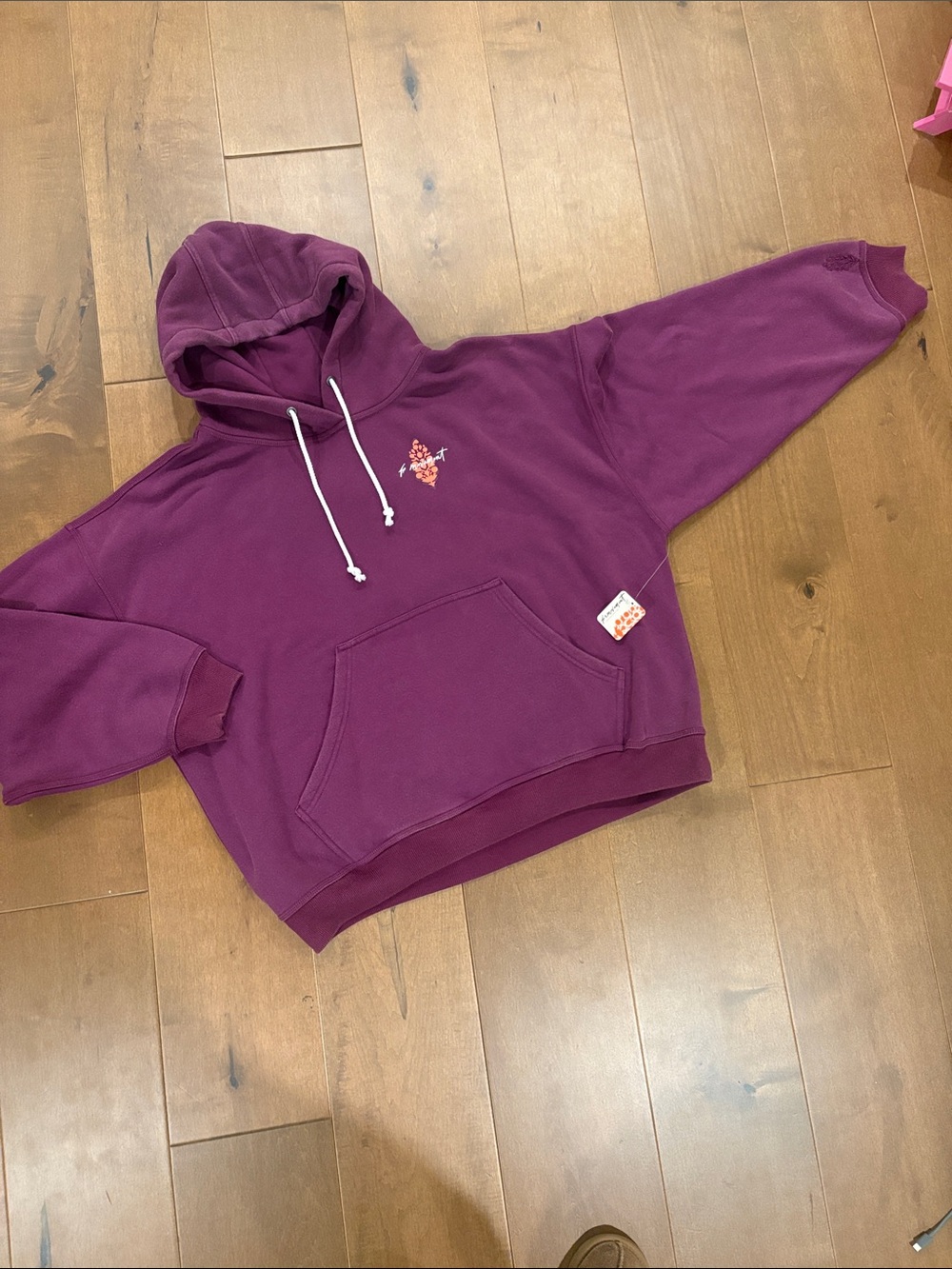 Plum Cropped Hoodie with Small Floral Embroidery